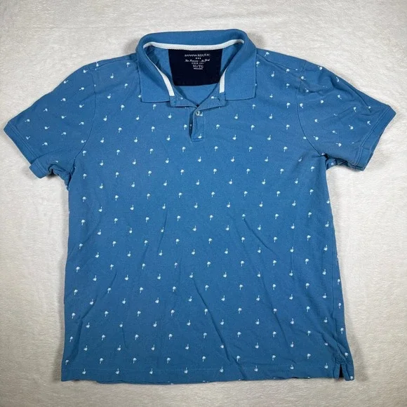 Banana Republic Mens Palm Tree Print‎ Polo Shirt Blue XL