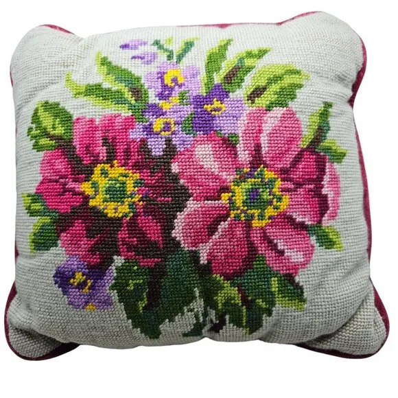 Vintage Floral Needlepoint Throw Pillow With Velvet Backing 11