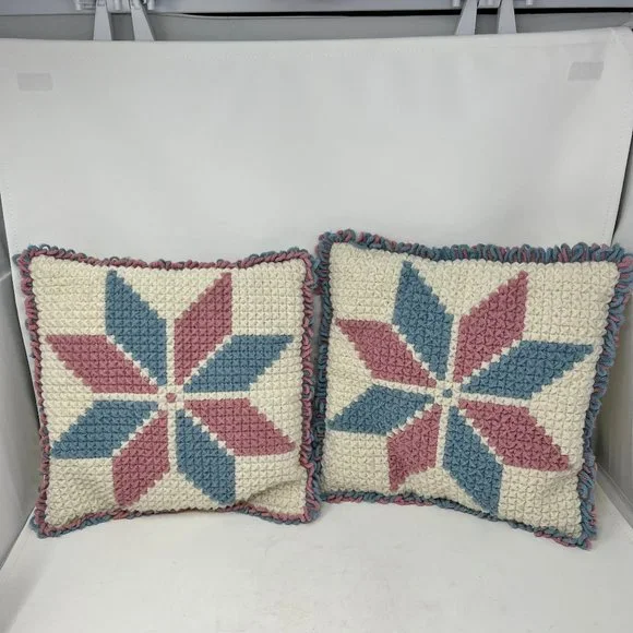 Vintage Crochet Knit Pillow Square 1970s Retro Blue & Pink Hand Made