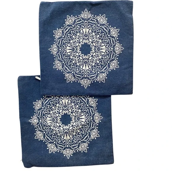 LR Home Insignia Blue Cotton Mandala Medallion Throw Pillow Covers Set 20x20
