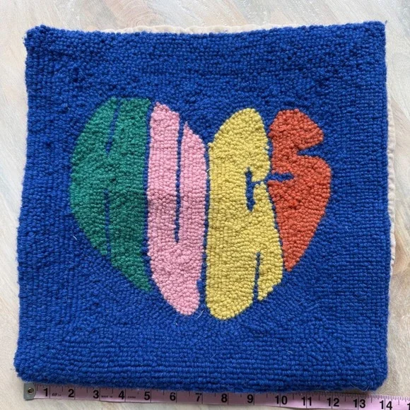 HUGS Heart Wool Hook Pillow Cover 14x14 Blue Pop Art Colorful Kidcore Fun Decor