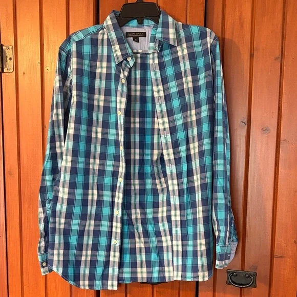 Banana Republic Teal and Navy Plaid Button-Down Shirt Sz M. RS