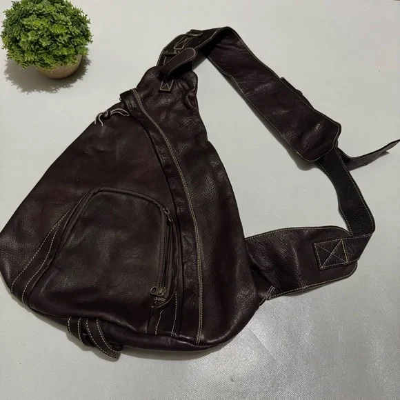 Good Old Days Brown Leather One Shoulder Backpack Bag Mens Hiking Outdoor School