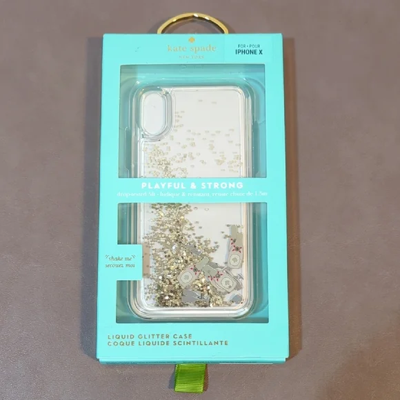 Kate Spade IPhone X Case Liquid Glitter Champagne Bottles and Glasses NWT