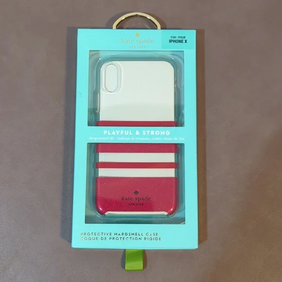 New kate spade iPhone X Case Protective Hardshell Red Glitter stripes NIB