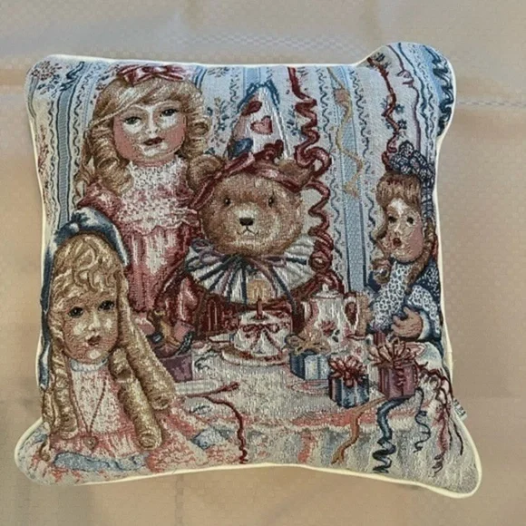 The Mary Hulgan collection by Riverdale teddy bear tea party tapestry pillow.​