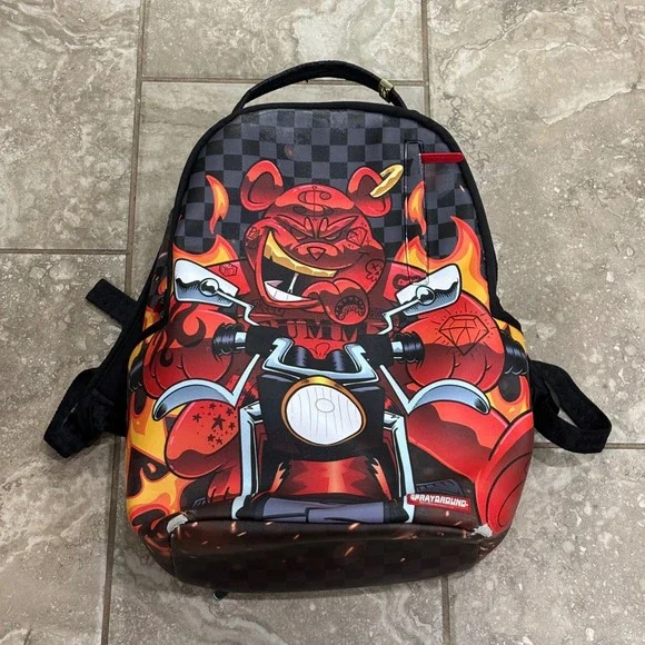 Sprayground Limited Edition Money Bear Motorcycle Flame Backpack Checkered Red