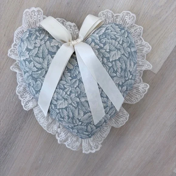 Vintage Heart Shaped Decorative Pillow Blue Floral Lace Trim Cream Ribbon Bow