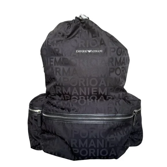 New‎ Emporio Armani Black Nylon oversized Drawstring Logo Backpack