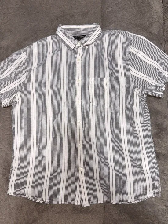 Banana Republic Men's Linen Blend Shirt Large Gray White Stripe Slim