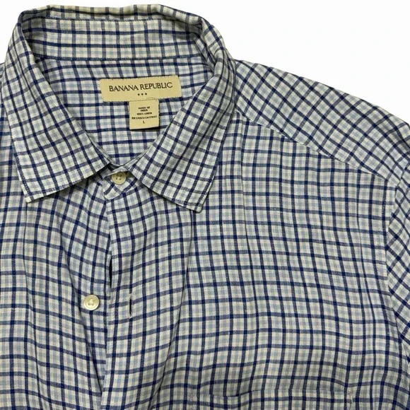 Banana Republic Linen Shirt Mens L Blue Plaid‎ Short Sleeve Summer