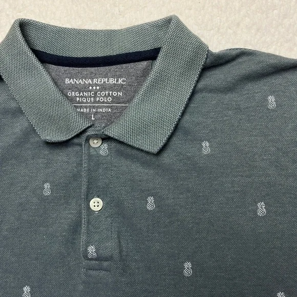 Banana Republic Polo Mens L Grey Tropical Pineapple Organic Cotton Pique Shirt