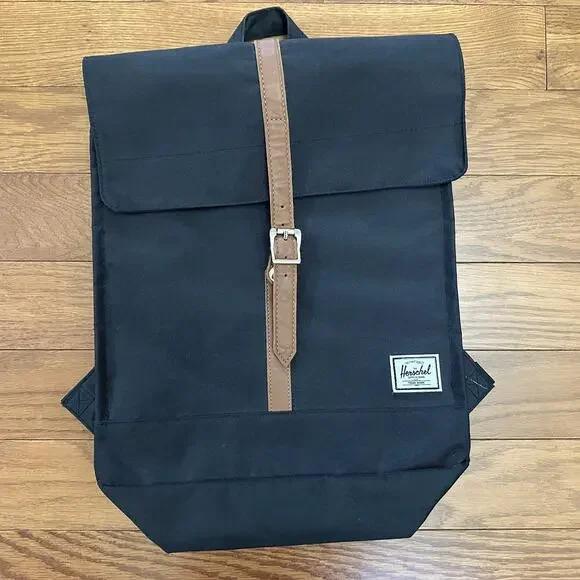 Herschel City Backpack 14.0L‎ Mid Volume Black Canvas Flap Laptop Bag Bookbag