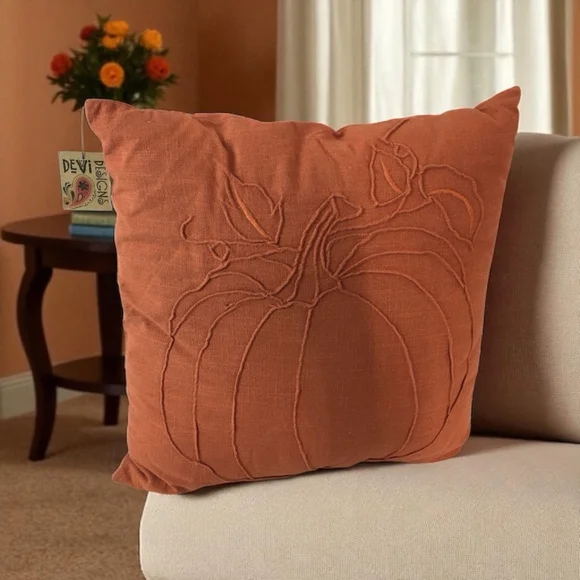 Autumn Embroidery Pumpkin Pillow Burnt Orange Devi Designs NWT