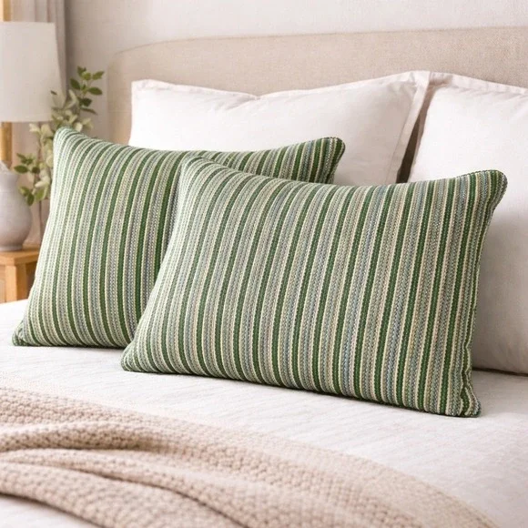 Eastern Accents Striped Embroidered Pillow Covers Cases Set 2 Green Luxury Decor