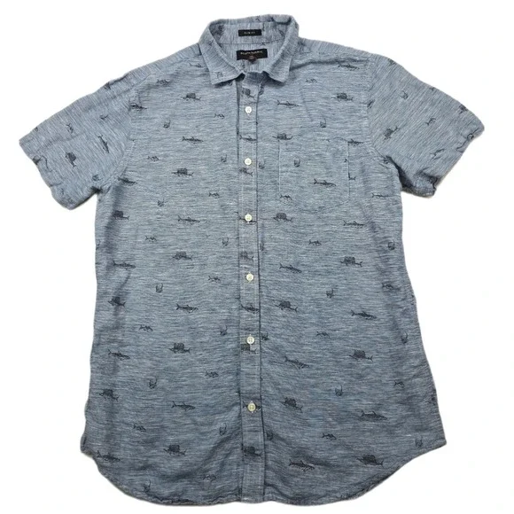 Banana Republic Slim Fit Linen Shirt Mens Large Blue Shark Marlin Short Sleeve