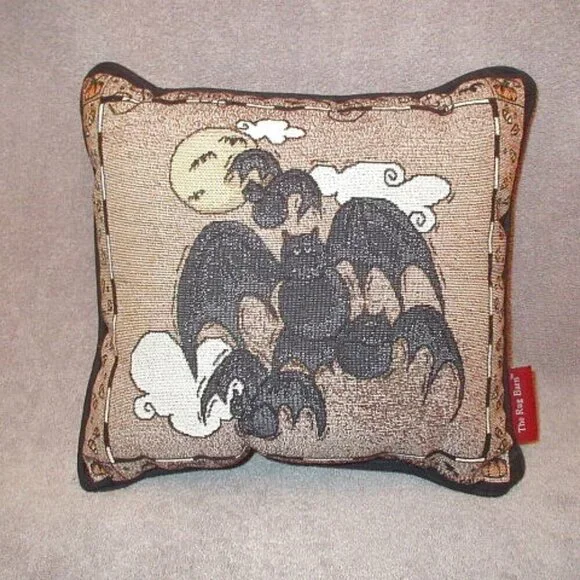 Vtg The Rug Barn Gone Batty Tapestry Pillow Halloween Moon Ghosts Whimsigoth 12