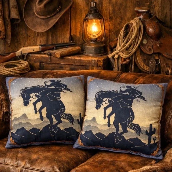 Vintage Western Cowboy Bucking Bronco Throw Pillows Blue Desert Silhouette Set‎