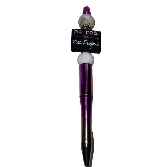 Be real, not perfect beaded pen handmade black pink white metallic bling NEW