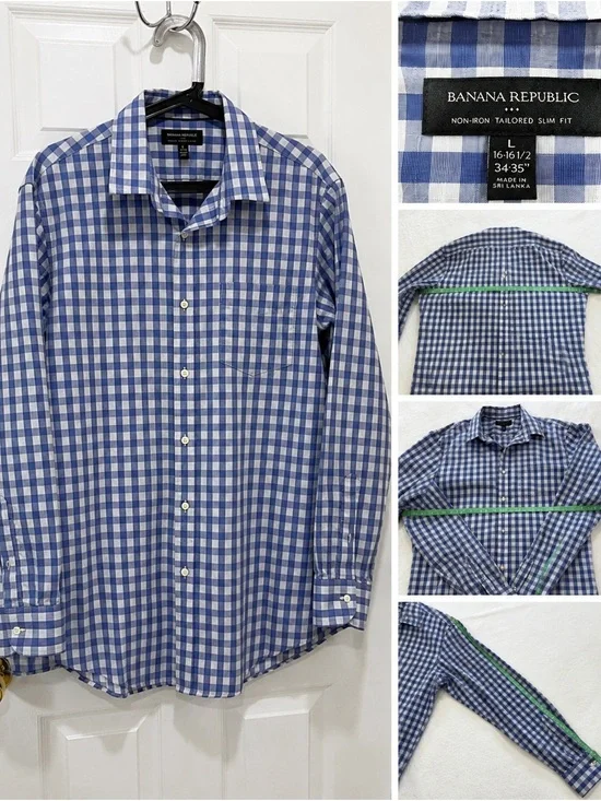 Banana Republic Blue & White Gingham Tailored Slim Dress Shirt