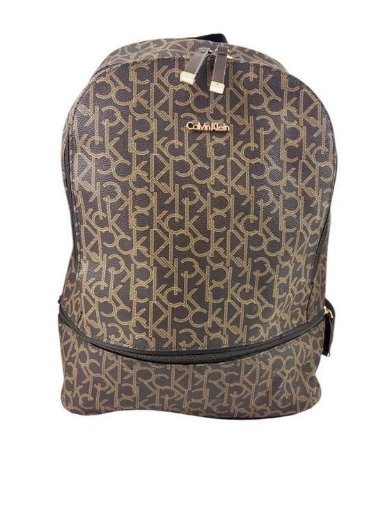 Calvin Klein Elaine Signature Brown Monogram Key Item Flap Large Backpack