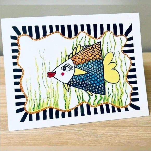 Watercolor Prints Art Greeting Cards Set Of 4 Blank Fish Envelopes Whimsical