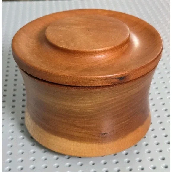 Vintage Black‎ Cherry Wood Round Trinket Stash Spice Box Container with Lid