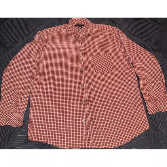 Banana Republic Shirt Mens Size Large Burgundy Check Plaid Button Up Relaxed Fit