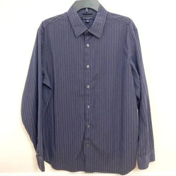 Banana Republic Shirt Men's XL 17/17.5 Slim Fit Dark‎ Gray w/ Blue Stripe