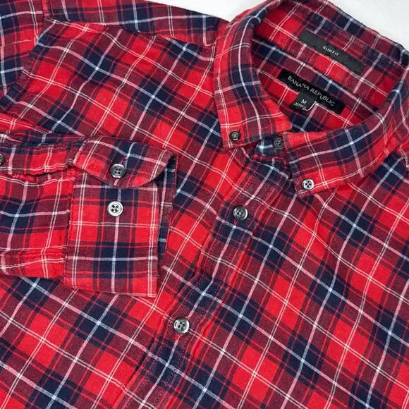 Banana Republic Men's Red Blue Plaid Button Down Cotton Shirt Medium Lined‎