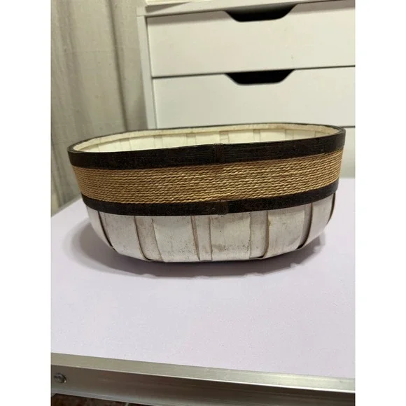 Oval Wood Rope Basket Rustic Farmhouse Whitewashed Decor 12 In
