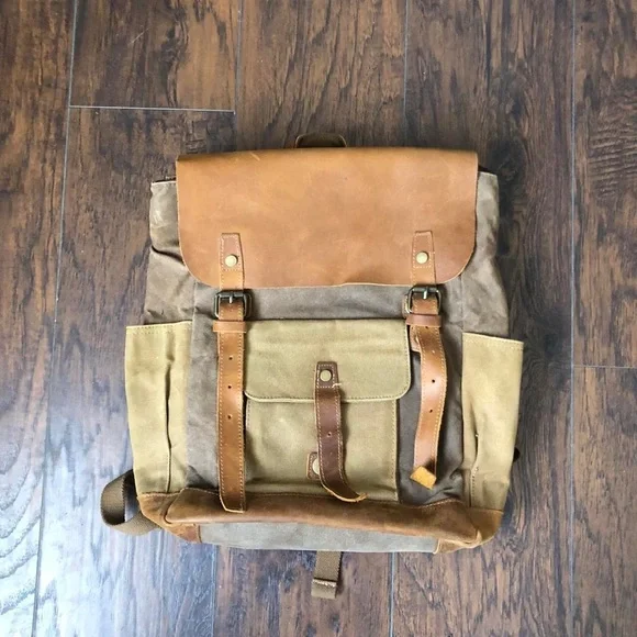 Vintage Leather Waxed Canvas Backpack Outdoor Sports Hiking Bag Travel Academia