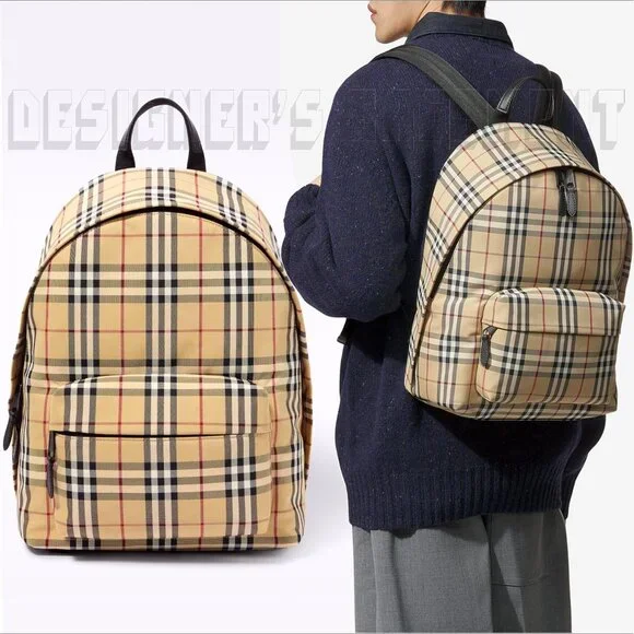BURBERRY black Leather trim JETT beige Archive Vintage Check nylon zip Backpack