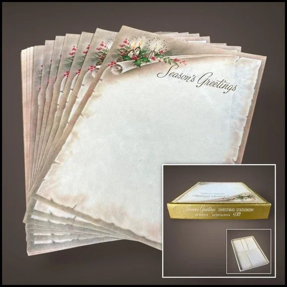 Season's Greetings Christmas Stationery Set OPEN Box 1950s 60s Holly Candle Art‎