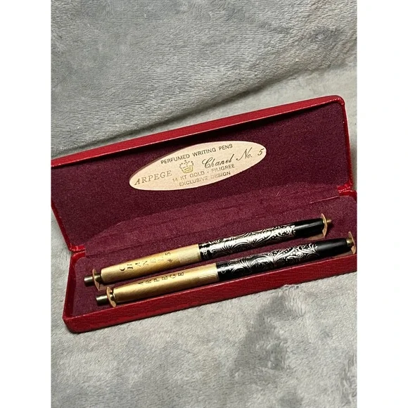 Vintage Arpege Chanel No 5 Perfumed Writing Pens 14KT Gold Filigree Set