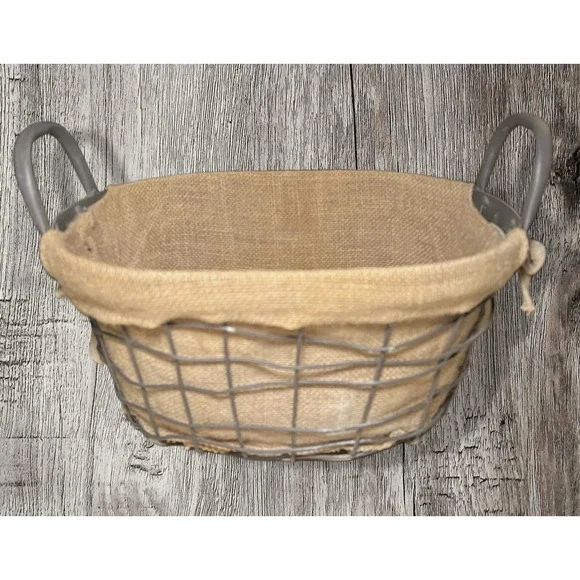 Vtg Rustic Brown Iron Metal Basket W/ Handles & Burlap Lining