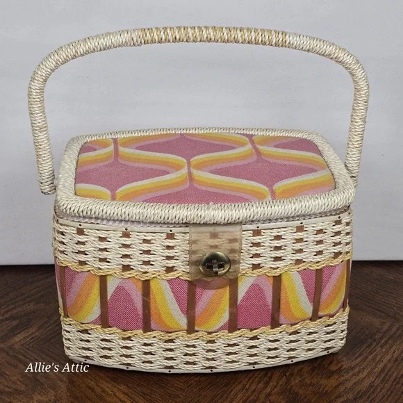 Vintage 70s Sewing Basket Pink Yellow White Mod Notions Box Handle Japan 12