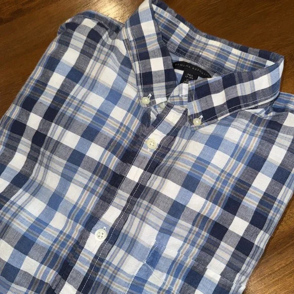 Banana Republic Shirt Men XL Tall Blue Cream Plaid Check Linen Blend Button Down