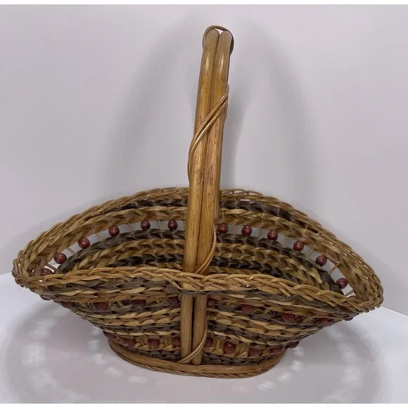 Large Vtg Willow Wicker Wood Bead Basket Handmade‎ Rattan 16.5x10.5