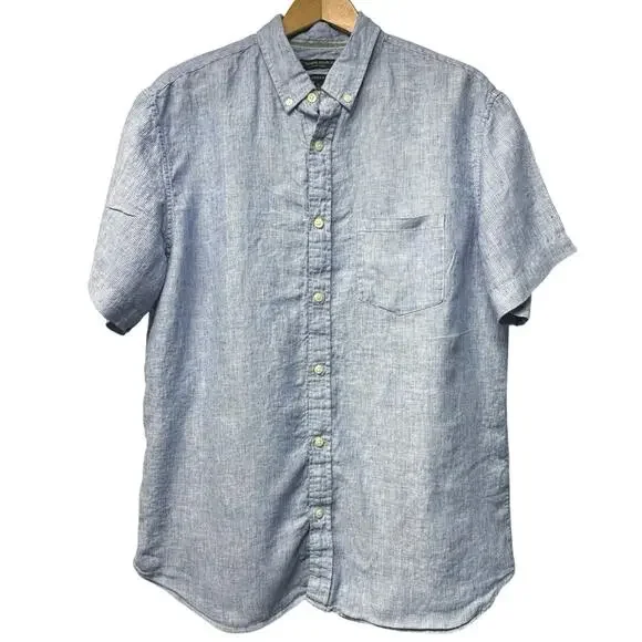 Banana Republic Mens 100% Linen Short Sleeve Shirt XL Blue White Stripe Preppy
