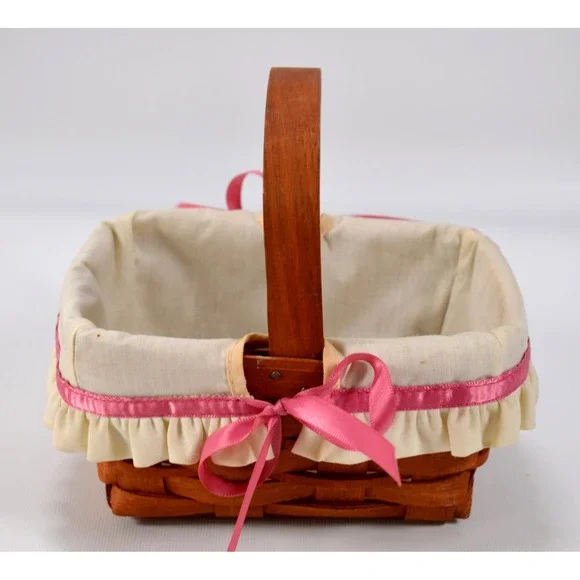 Longaberger Vintage 1989‎ Basket With Attached Handle Liner Pink Ribbon