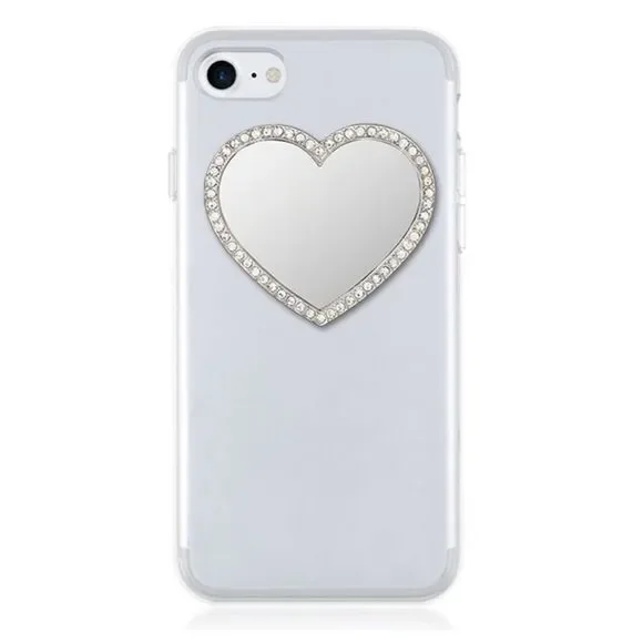 Silver with rhinestone embellished heart shaped phone mirror