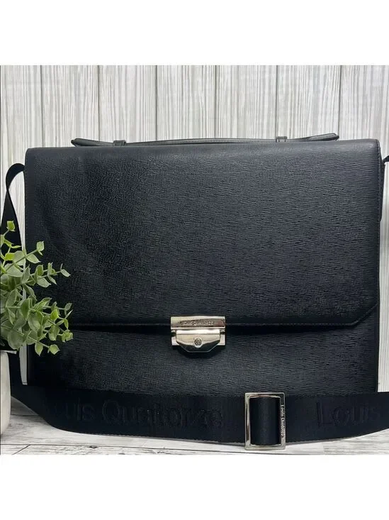 Louis Quatorze Black Leather Messenger Bag Crossbody Briefcase Satchel Laptop Wo