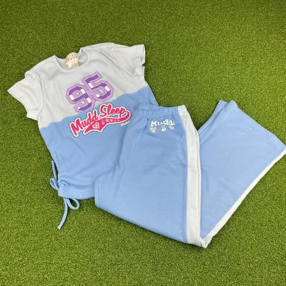 Mudd Sleep Girls Blue Short Sleeve Side Cinch Ribbed Pajama Pants Set Sz 10