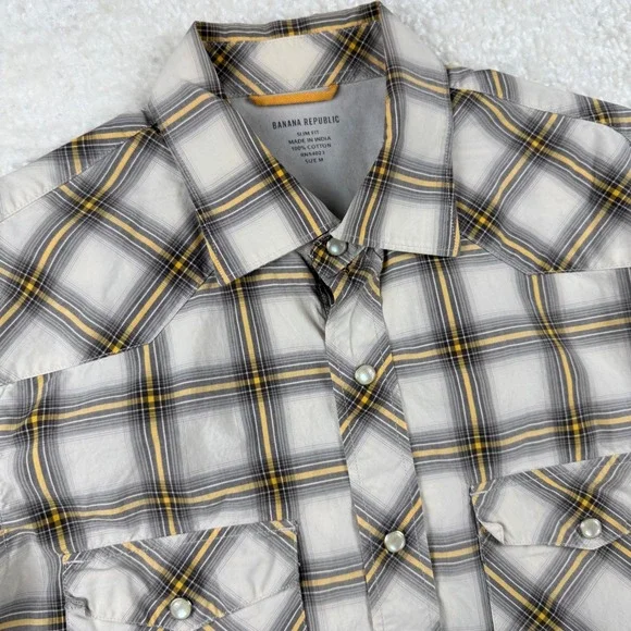 Banana Republic Mens Slim Fit Western Plaid Shirt Pearl Snap Grey‎ Yellow Size M