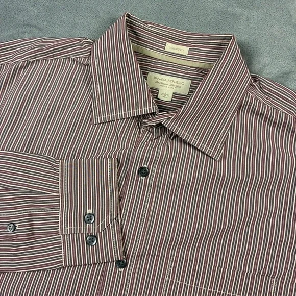Banana Republic Mens Large Classic Fit Striped Button Down Shirt Burgundy Brown