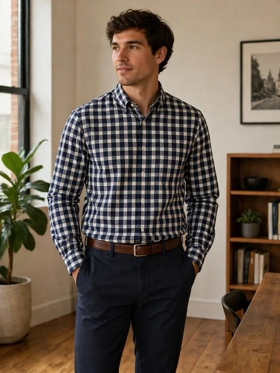 Banana Republic Men’s Grant Fit Navy White Plaid Button Up Shirt‎ Medium Preppy
