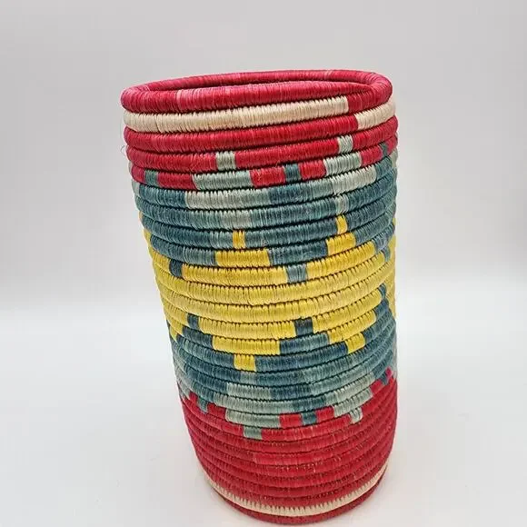 Anthropologie Rafia Woven Utensil Basket Vase African Aztec Tribal Cylinder Boho