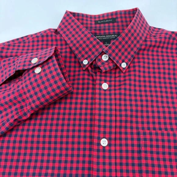 Banana Republic Mens Button Down Shirt Large Red Navy‎ Gingham Slim Flex Fit L