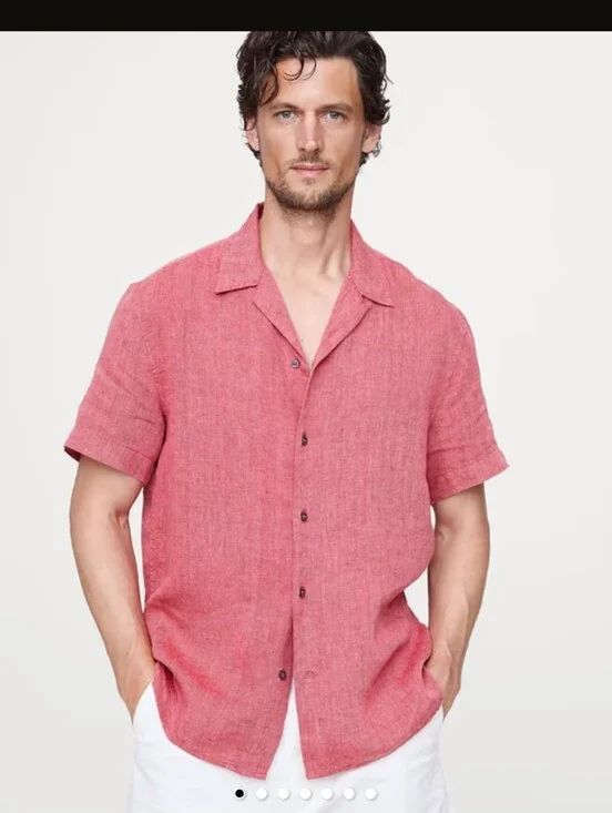 Banana Republic Mens Irish Linen Coral Short Sleeve Button Down Shirt Size M EUC